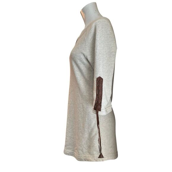 Twisted Heart Medium Oatmeal Fleece Tunic Mini Dress Leather Trim Boho Festival - Picture 2 of 5